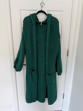 Free People Open-Front Hooded Women's Knit Sweater Cardigan - Teal Green